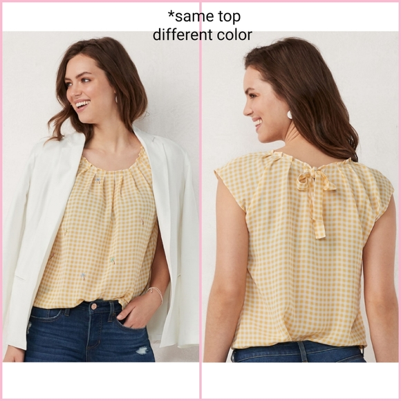 NEW LC Lauren Conrad Gingham Pleat Neck Top - Picture 5 of 5